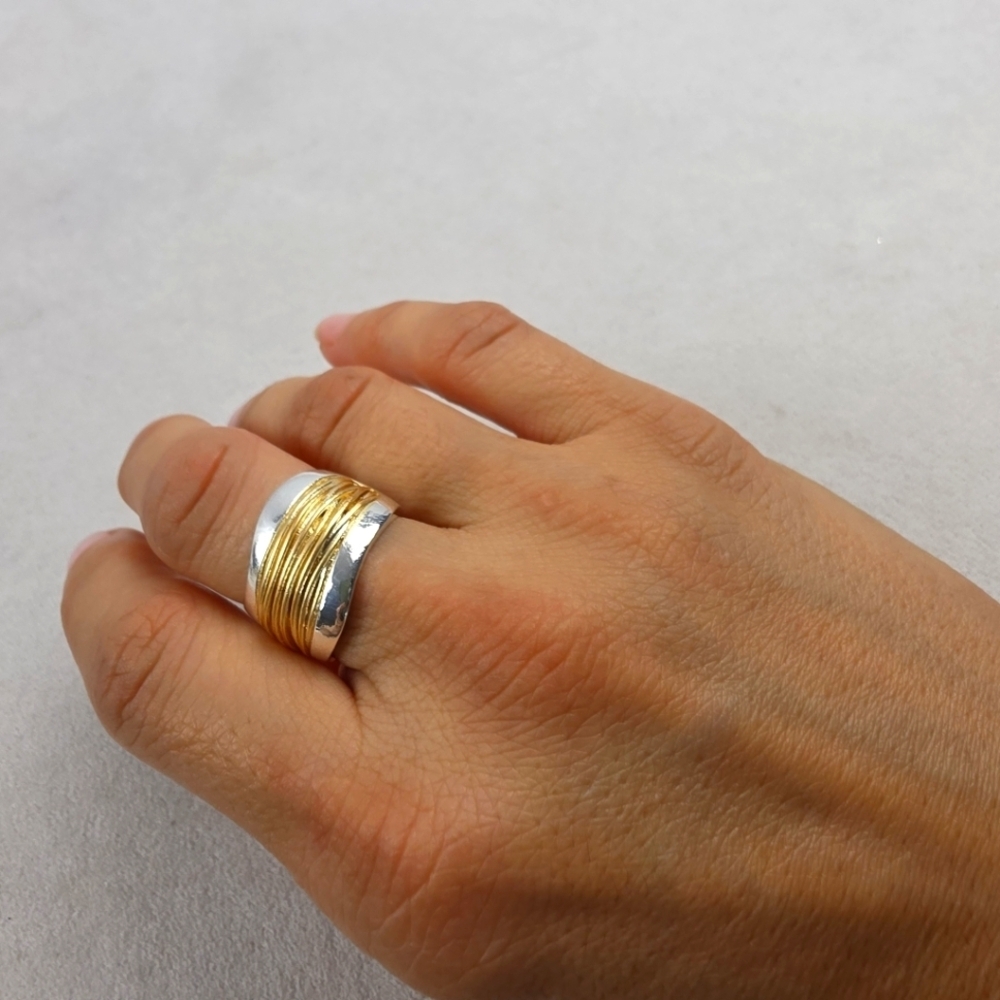 New Wide Band Elegant Two Toned Gold and Silver Ring